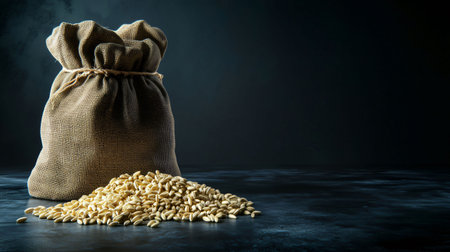 Barley grains spilling from a burlap sack onto a dark surface, creating a dramatic and rustic sceneの素材