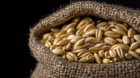 Close up of barley grains spilling from a burlap sack, creating a rustic and wholesome imageの素材