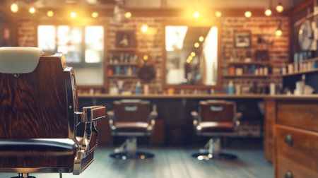 Empty barber chair sits waiting for the next client in a trendy barbershopの素材