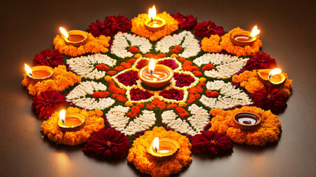 Illuminated flower rangoli is making a festive atmosphere for diwaliの素材