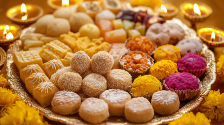 Tempting assortment of colorful indian sweets arranged on a golden tray for the diwali festivalの素材
