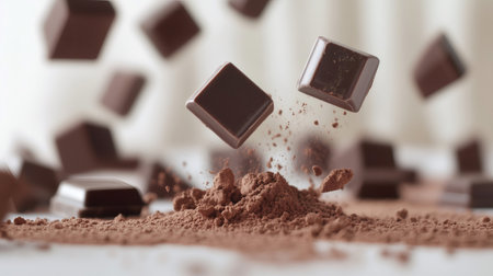 Flying pieces of dark chocolate and cocoa powder on a white background creating a delicious compositionの素材