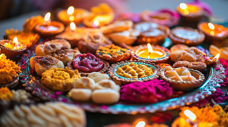 Diwali festive season celebration in india with traditional sweets, flowers and candles burningの素材