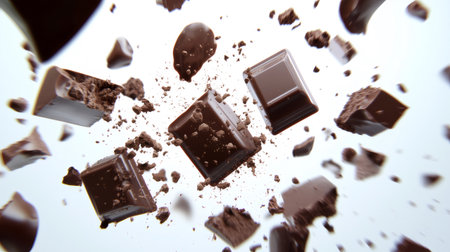 Chocolate pieces and brown powder flying and exploding on a white backgroundの素材