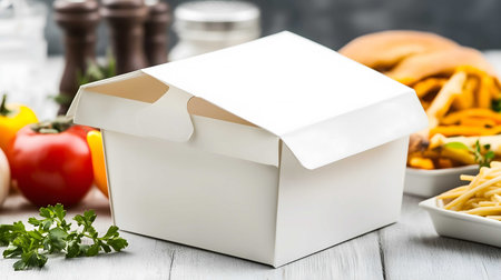 White cardboard food box is sitting on a wooden table with fresh vegetables and pasta dishes in the backgroundの素材