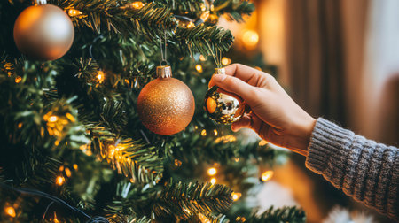 Woman is decorating a christmas tree with golden baublesの素材