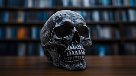 Human skull sits on a desk in a library, surrounded by shelves full of booksの素材