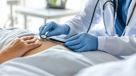 Doctor wearing blue gloves using stethoscope examining patient in a hospital roomの素材