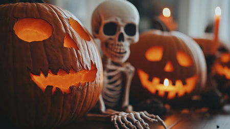 Spooky halloween decoration with carved pumpkins lit from within and a skeleton resting on a tableの素材