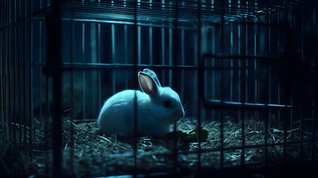 White rabbit is sitting in a cage at night, illuminated by a blue lightの素材