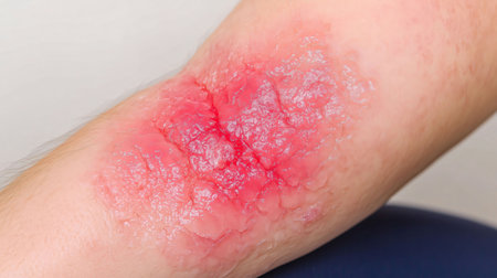 Close up of severe eczema on a person's arm causing dry, itchy, and irritated skinの素材