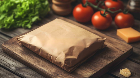 Fresh ingredients and raw burger patty wrapped in craft paper lying on wooden cutting boardの素材