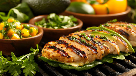 Sliced grilled chicken breast is seasoned and topped with fresh avocado and cilantro, being served on a bed of spinach with mango salsaの素材