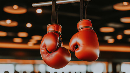 Pair of red boxing gloves is hanging on a blurred background in a fitness centerの素材