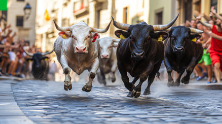 Group of bulls running on cobblestone street during traditional san fermin festival in pamplona, spainの素材