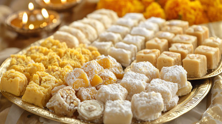 Golden plate displaying various traditional indian sweets during diwali festival of lightsの素材