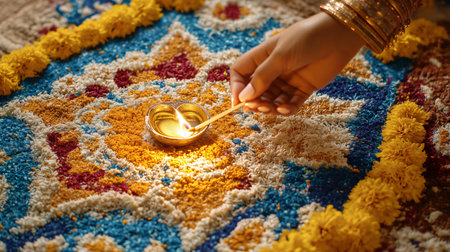 Woman lighting a diya with a matchstick on a beautiful rangoli during diwali festival celebrationの素材