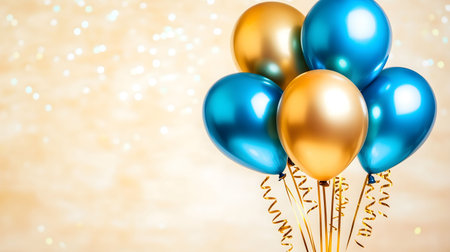 Blue and gold balloons floating with gold ribbons on a sparkling gold background with copy spaceの素材