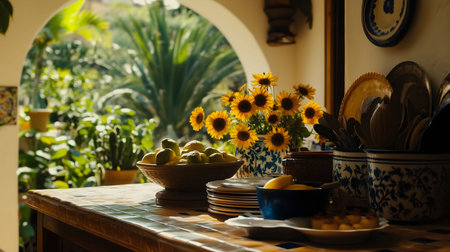 Rustic mediterranean kitchen counter adorned with sunflowers, lemons, and ceramic dishesの素材