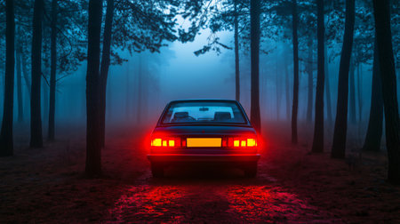 Cinematic shot of a vintage car driving through a foggy forest road at dusk, creating a mysterious and atmospheric sceneの素材