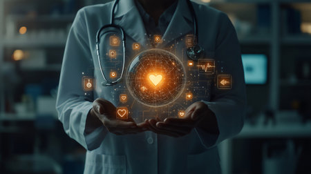 Doctor is holding a futuristic glowing digital heart icon hologram with medical icons surrounding it in a hospitalの素材