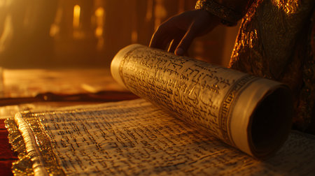 Historian is carefully examining an ancient arabic manuscript scroll by candlelight, with an illuminated manuscript in the backgroundの素材