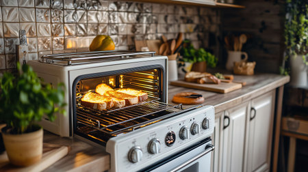 White toaster oven baking bread on a wooden countertop in a modern kitchenの素材