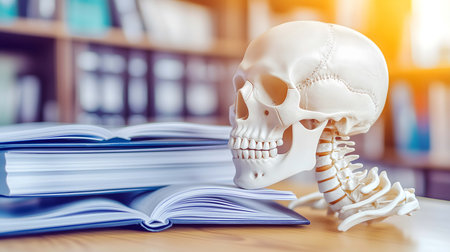 Human skull model sitting on a desk in a library with an open book and stack of books nearbyの素材