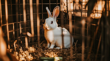 White rabbit sitting in a cage on a bed of hay, illuminated by the setting sunの素材