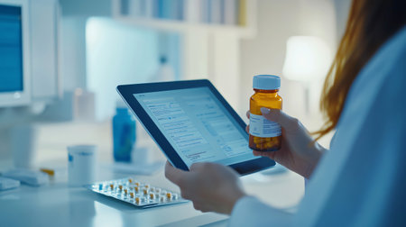 Medical doctor using tablet computer while holding container with pills in hospital officeの素材