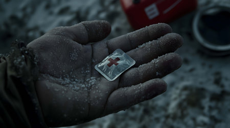 Frozen hand holding a pill with a medical cross, symbolizing hope in a survival situationの素材