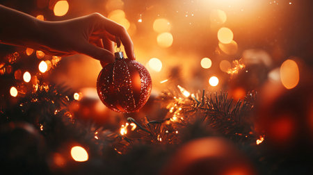 Hand is placing a red christmas ornament on a christmas tree decorated with string lightsの素材