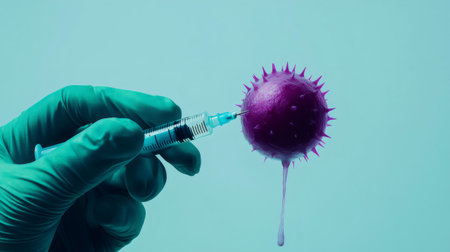 Doctor injecting virus with syringe using green gloves in laboratory for vaccine researchの素材