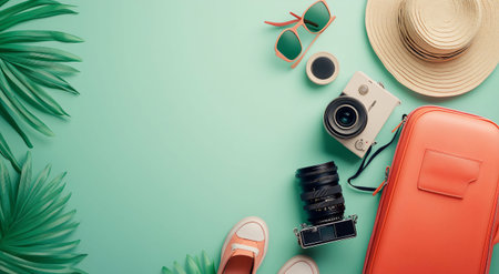 Suitcase, sunglasses, cameras, sneakers, straw hat and tropical leaves composing travel and vacation concept on turquoise background with copy spaceの素材