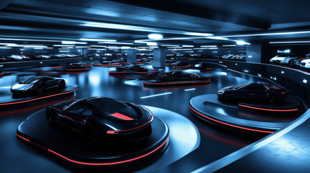 Modern sports cars are charging in an underground parking garage illuminated with blue and red neon lightsの素材