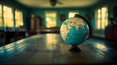 Vintage globe is sitting on a wooden table in a classroom, evoking a sense of nostalgia and wonderの素材