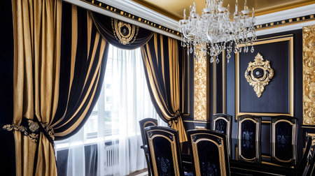 Sophisticated Art Deco dining room exuding opulence with its black and gold color scheme and lavish furnishingsの素材