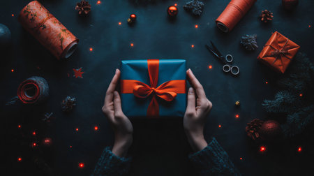 Woman holding a christmas present over a table decorated with christmas ornamentsの素材