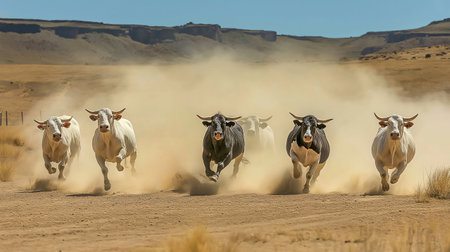 Black and white bulls running and raising dust in desert landscapeの素材