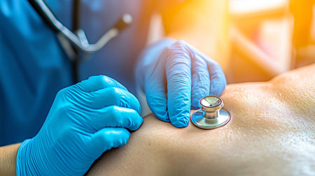 Doctor wearing blue gloves is using a stethoscope to listen to a patient's lungsの素材