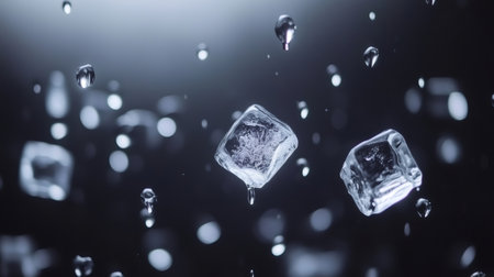 Refreshing ice cubes and water drops falling against a dark background, creating a cool and dynamic visualの素材
