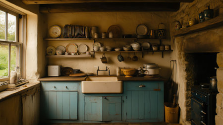 Charming vintage kitchen in an english cottage, featuring exposed stone, wooden beams, and a cozy, lived-in atmosphereの素材