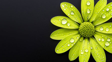 Macro photography of a green flower with water drops on petals, isolated on a black backgroundの素材