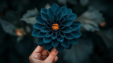Close up of a gardener holding a dark green dahlia flower with glistening dew drops, showcasing the intricate details and vibrant centerの素材