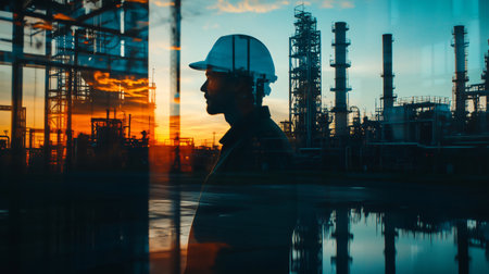 Silhouette of engineer wearing hardhat with double exposure of industrial plant at sunsetの素材