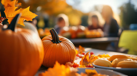 Pumpkins and autumn leaves are resting on a table with a family enjoying a fall day in the backgroundの素材