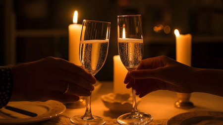Couple is celebrating, enjoying a romantic dinner date holding glasses of champagne at a candlelit tableの素材