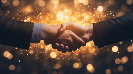 Two businessmen shaking hands with golden glitter sparkles flying around, celebrating their successの素材