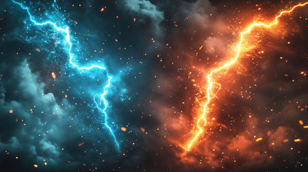 Blue and orange lightning bolts are colliding in a dark cloudy sky, with sparks flying around themの素材