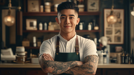 Confident young barista smiling with crossed arms, showcasing his tattoos, in a trendy coffee shopの素材